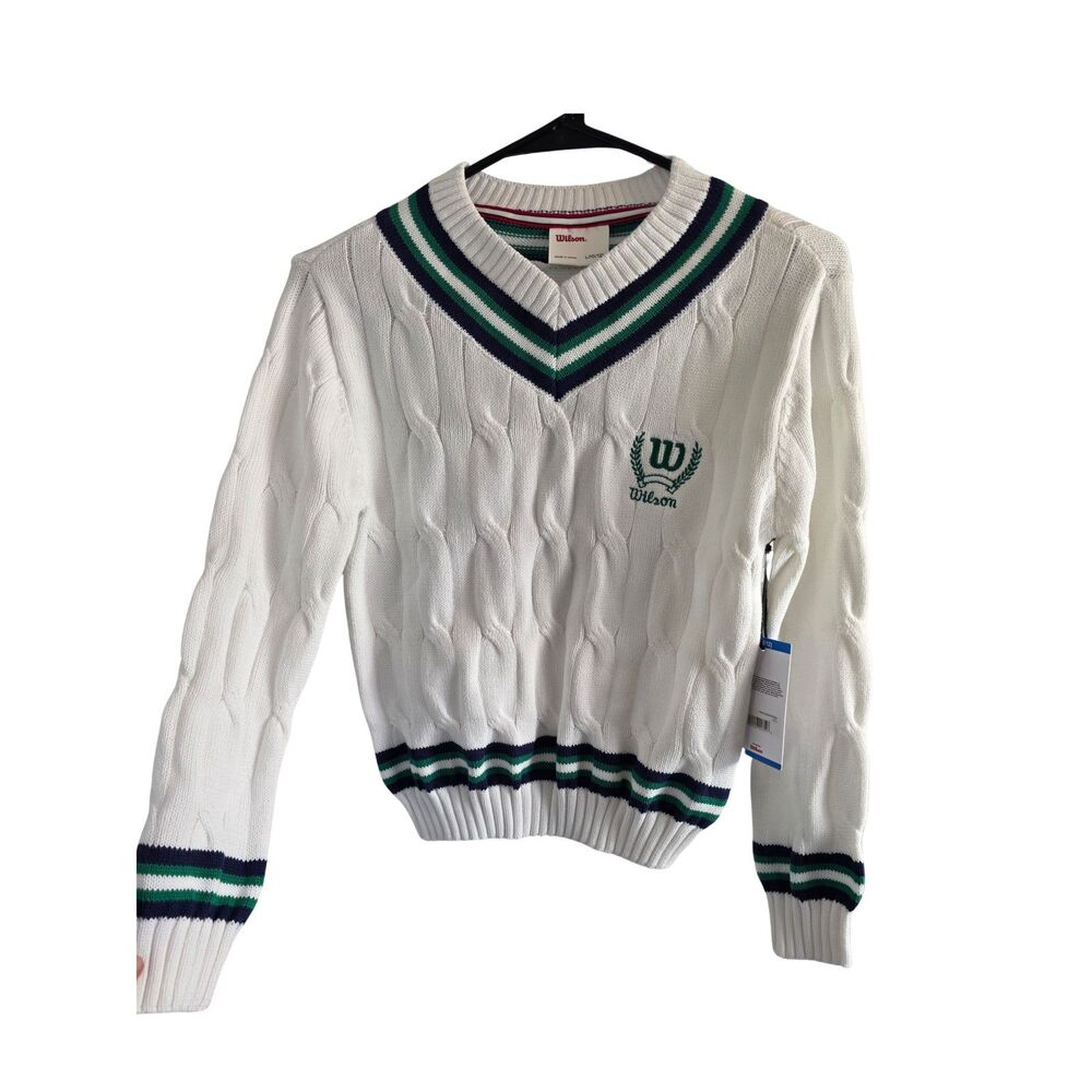 Wilson Play On Girls Cable Knit Cricket Sweater White Green Stripe NWT Size L 10